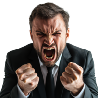 Angry businessman shouting passionately against a transparent background in a formal suit during a corporate meeting, Angry Businessman Shouting on transparent background png