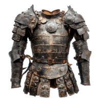 dettagliato Schermo di antico guerriero armatura in mostra nel un' rustico ambientazione con storico significato, antico guerriero armatura Schermo un' rustico vetrina medievale battaglia Ingranaggio, trasparente sfondo. png