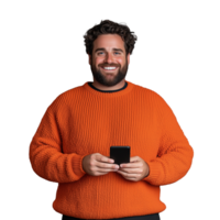 Smiling man in orange sweater holding smartphone on transparent background png