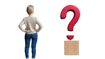 Figure contemplating a red question mark on a transparent background png
