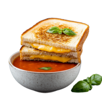 Grilled cheese sandwich with tomato soup in a bowl on a transparent background png