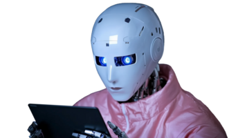 Robotic figure with blue eyes using tablet on transparent background png