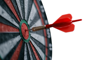 Dart hitting bullseye on dartboard with transparent background png