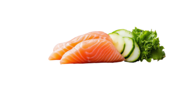 Fresh salmon fillet with cucumber and lettuce on transparent background png