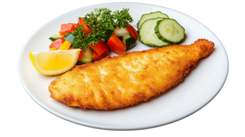 Crispy fried fish fillet with lemon and salad on transparent background png