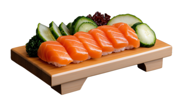 Fresh sushi platter with salmon and cucumber on a wooden board transparent background png