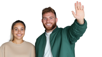 Smiling man and woman waving with transparent background for versatile use png
