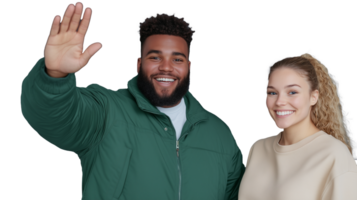 Smiling couple waving hello with transparent background for friendly greeting visuals png
