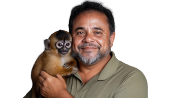 Smiling man holding a monkey on a transparent background png
