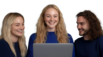 Group of Three Smiling People Using Laptop on Transparent Background png