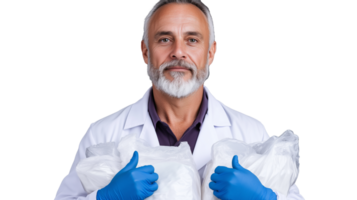 Scientist holding samples in protective gloves on transparent background png