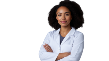 Confident professional in lab coat with transparent background showcasing expertise and approachability png