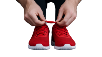 Red athletic shoes being tied with hands on transparent background png