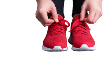 Hands Tying Laces of Red Sneakers on Transparent Background png