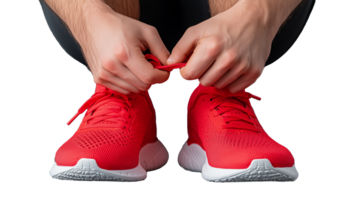Hands Tying Red Athletic Shoes with Transparent Background png