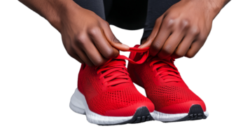 Red Athletic Shoes Being Tied with Hands on Transparent Background png