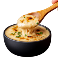 Creamy Cheese Soup in Black Bowl with Transparent Background png