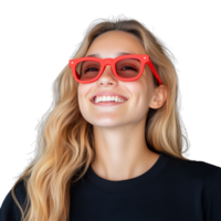 Smiling woman wearing red sunglasses with transparent background png
