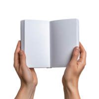 Open blank notebook held in hands on transparent background png