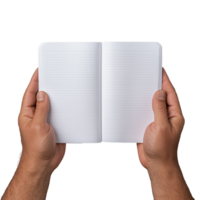 Open blank notebook held by hands on a transparent background png
