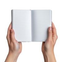 Open notebook held by hands with transparent background for creative design png