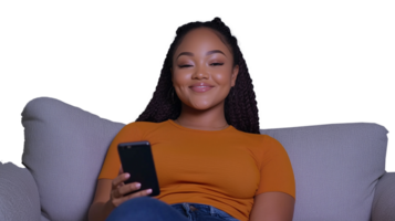 Smiling woman sitting on couch using smartphone with transparent background png