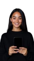 Smiling woman holding smartphone with transparent background for modern design png