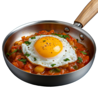 Delicious fried egg on a vibrant vegetable stew in a pan with transparent background png