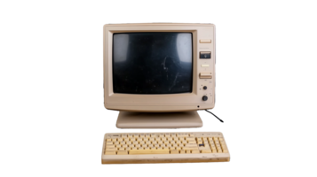 Vintage computer monitor and keyboard on transparent background png