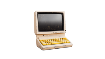 Vintage computer with yellow keyboard on transparent background png