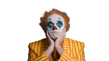 Clown with Sad Expression in Colorful Outfit on Transparent Background png