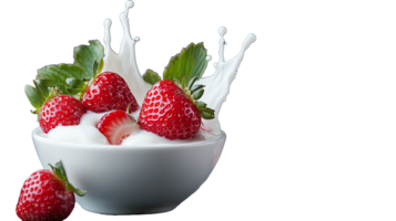 Fresh strawberries in creamy yogurt splash on transparent background png