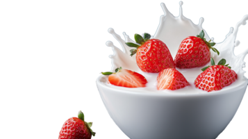 Fresh strawberries splashing in creamy yogurt bowl with transparent background png