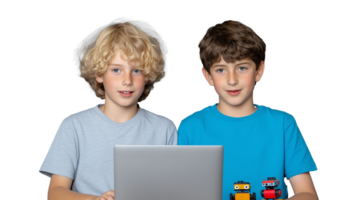 Two Boys Using Laptop with Transparent Background for Creative Projects png