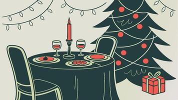 Christmas dinner table with christmas tree and presents vector