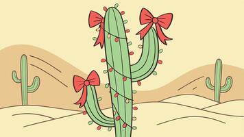 Christmas cactus with bow and christmas lights vector