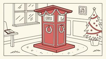 A drawing of a red mailbox with a christmas tree vector