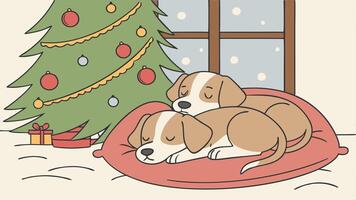 Two puppies are sleeping on a pillow in front of a christmas tree. image. vector