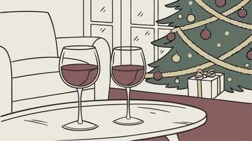 Two glasses of wine on table in front of Christmas tree and lights vector