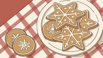 Christmas cookies on a plate with a red and white checkered tablecloth vector