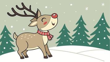 A cartoon reindeer standing in the snow with trees in the background vector