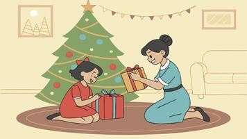 Two sisters open presents on Christmas day in front of the christmas tree vector
