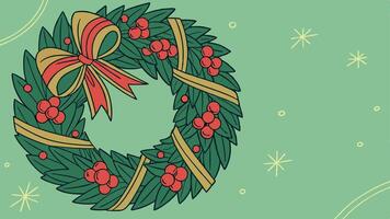 A christmas wreath with berries and bows on a green background vector
