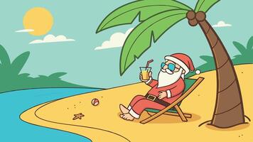Santa claus relaxing on the beach with a drink vector