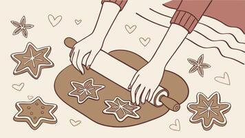 A woman rolling out cookies on a cookie sheet vector