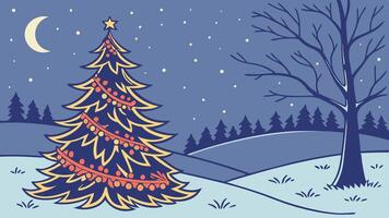 Christmas tree in the snow with a moon and stars vector