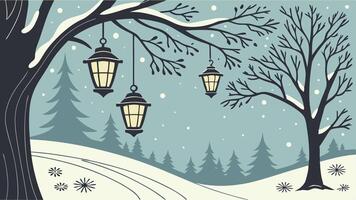 Winter landscape with trees and lamps vector
