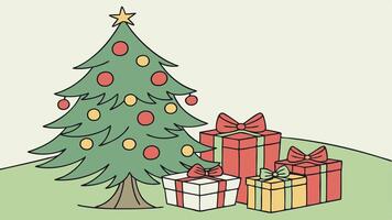Various christmas presents under a christmas tree with ornaments. copy space. vector