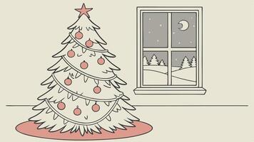 View of nice white christmas tree and window on its back. vector
