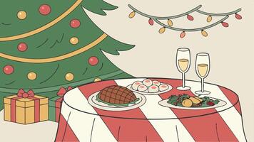 Table setting for a christmas dinner. with a christmas tree. christmas colors and soft lights. vector